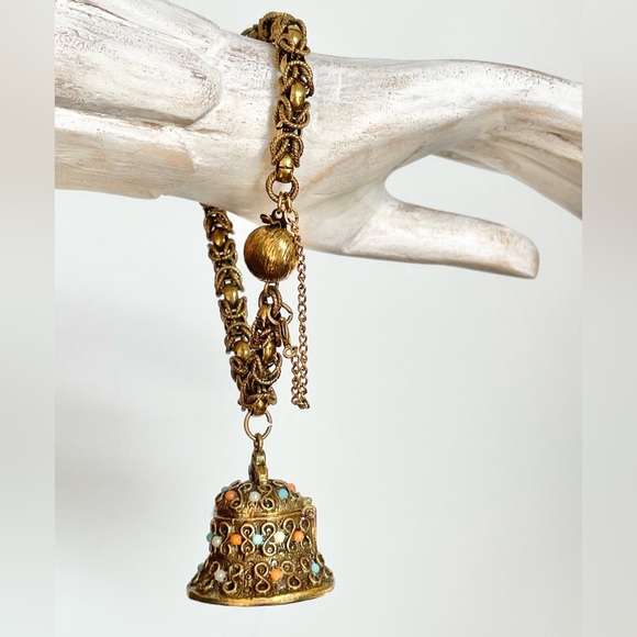 Vintage 60s Warm Gold Tone Antiqued Brass Bell
Locket Bracelet Etruscan Revival - Picture 2 of 7